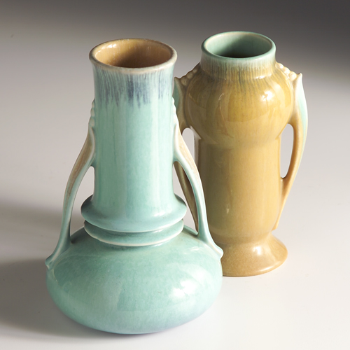 Appraisal: Two ROSEVILLE Orian vases one green with squat base and