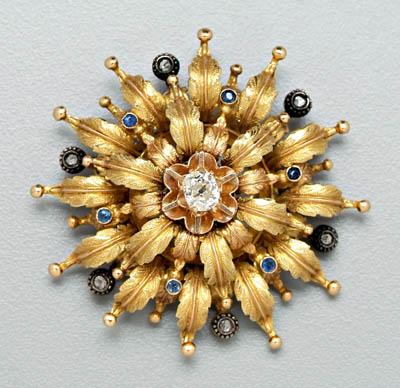 Appraisal: Vintage diamond and sapphire brooch one old mine-cut diamond estimated