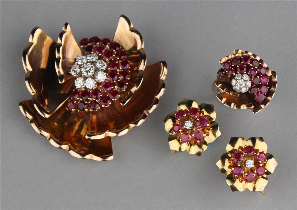 Appraisal: RETRO K ROSE GOLD DIAMOND AND RUBY BROOCH AND MATCHING