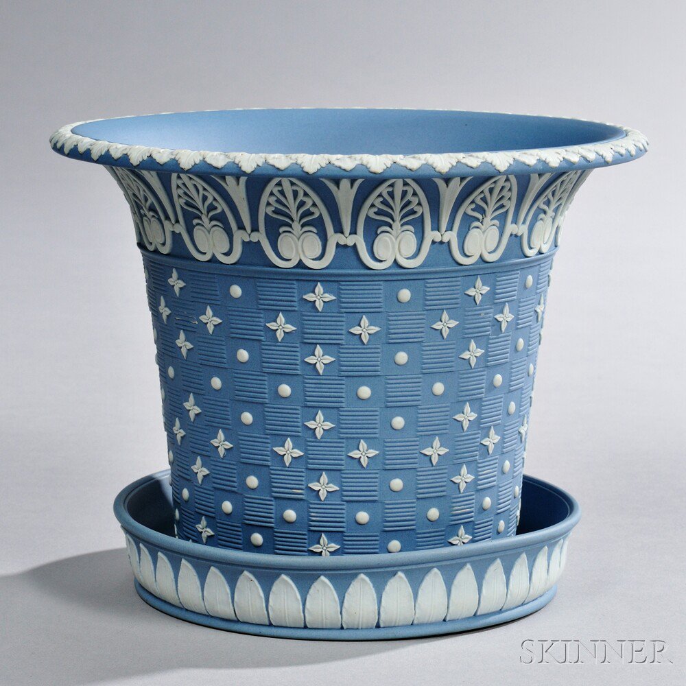 Appraisal: Wedgwood Solid Blue and White Diced Jasper Jardiniere and Stand