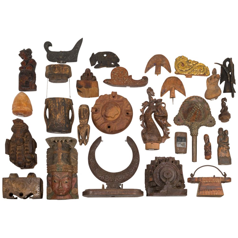 Appraisal: ETHNOGRAPHIC OBJECT ASSORTMENTApproximately African Asian and Oceanic carved wood leather