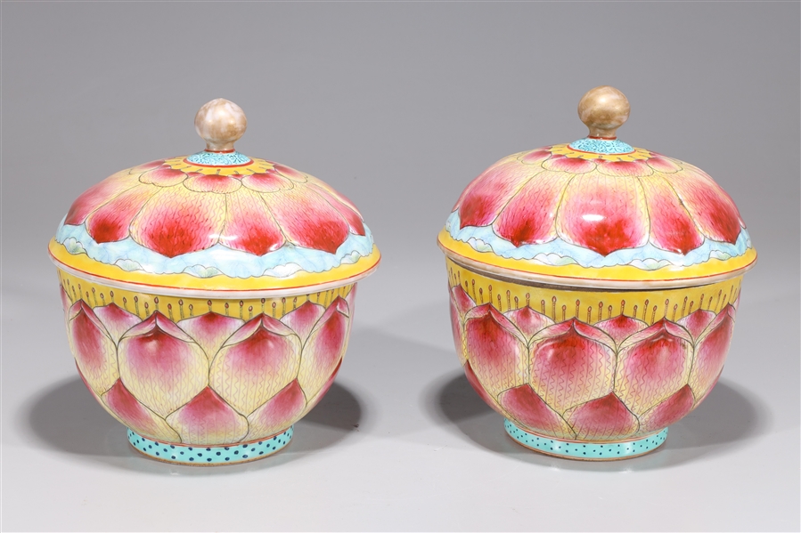 Appraisal: Pair of Chinese lotus-form famille rose enameled porcelain covered bowls