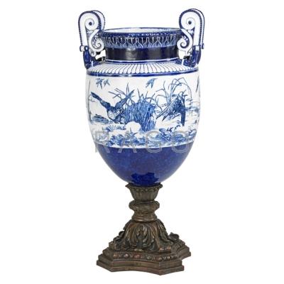 Appraisal: MONUMENTAL BLUE AND WHITE PORCELAIN JARDINIERE Carved wood pedestal Continental