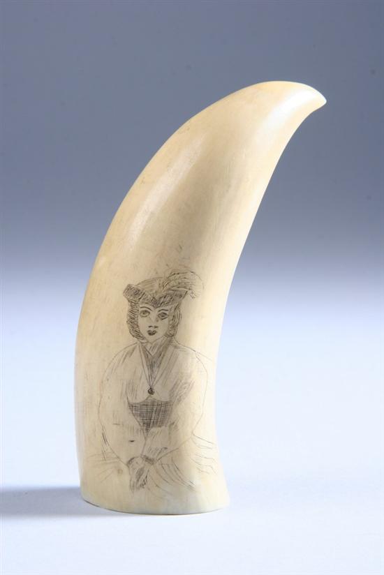 Appraisal: SCRIMSHAW DECORATED WHALE'S TOOTH Three masted sailing vessel reversing to