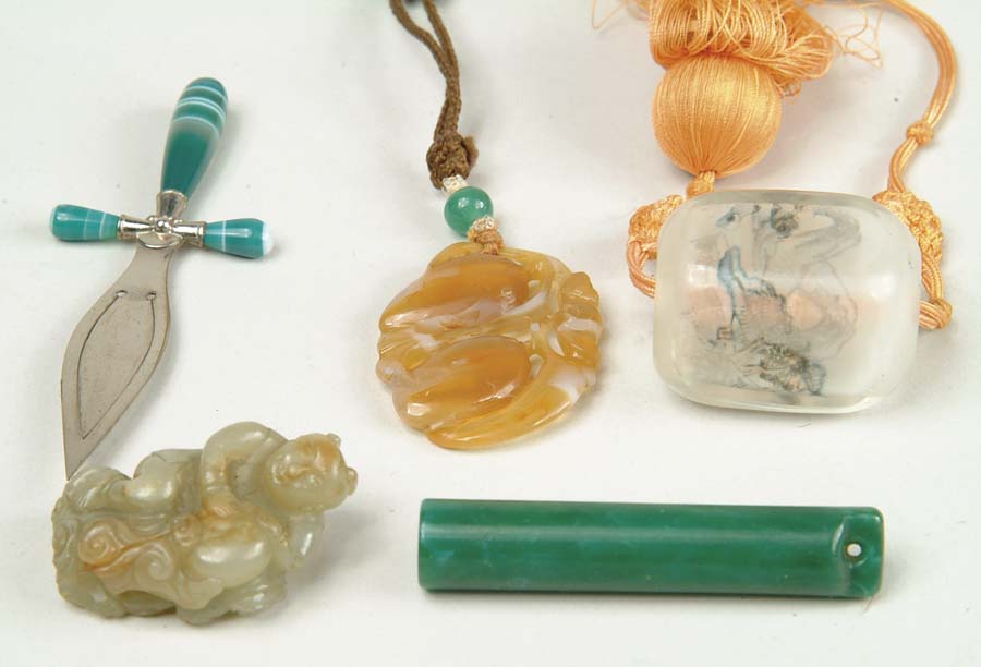 Appraisal: FIVE JADE AND GLASS ITEMS Jade green handle Small jade