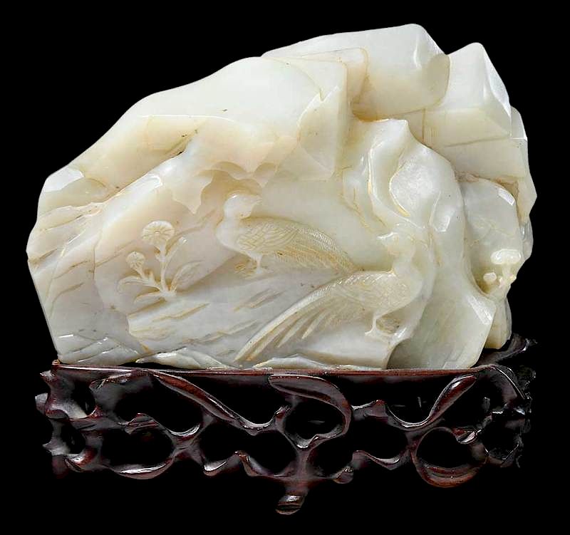 Appraisal: Carved Jade Boulder and Wood Stand Chinese rocky outcrop with