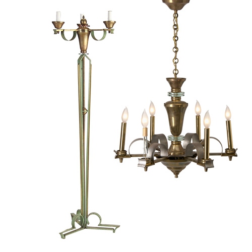 Appraisal: ANDRE ARBUS Attr Two pieces six-arm chandelier in brass with