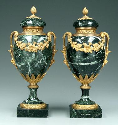 Appraisal: Pair bronze mounted marble urns dark green and ivory mottled