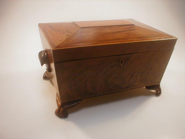 Appraisal: An early thC mahogany sarcophagus work box the hinged top