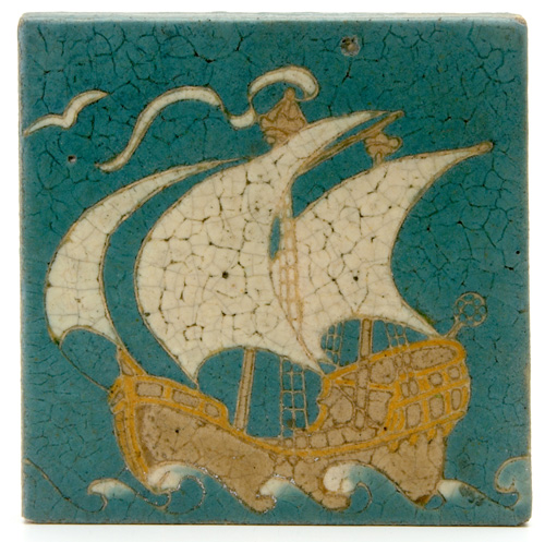 Appraisal: GRUEBY Tile decorated in cuenca with a tall ship in