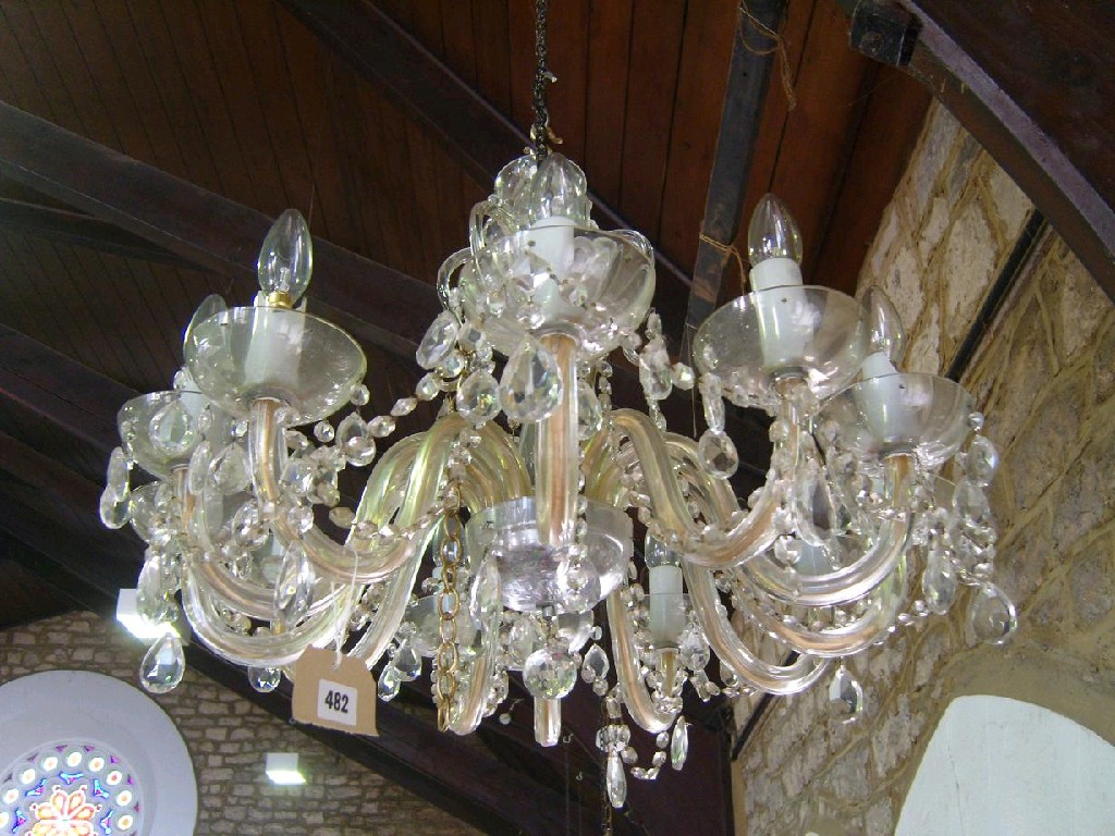 Appraisal: A -branch glass chandelier with hanging lustred drops and swags