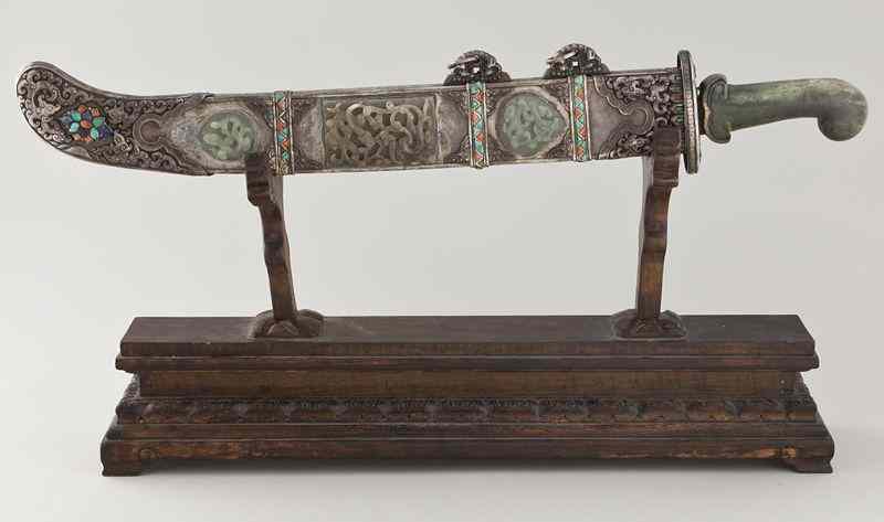 Appraisal: Chinese-Mongolian jade mounted sword with a silvered metal scabbard jade