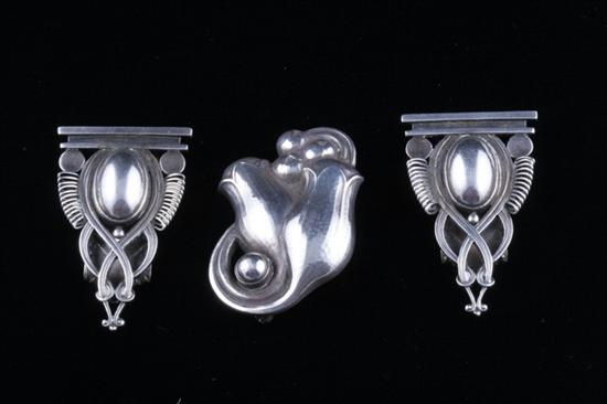 Appraisal: GEORG JENSEN STERLING SILVER BROOCH AND PAIR CLIPS Mid th