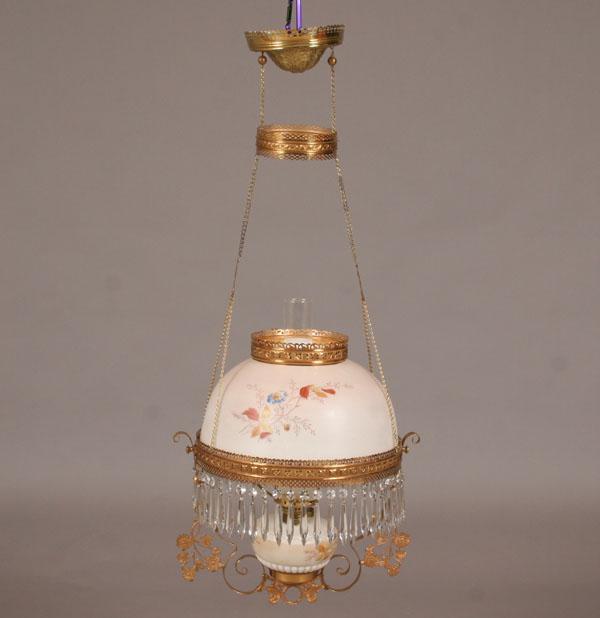 Appraisal: Victorian hanging lamp transfer decorated milk glass shade and font