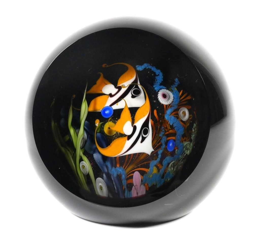 Appraisal: STUART ABELMAN FISH TANK ART GLASS PAPERWEIGHTSpherical art glass sculpture