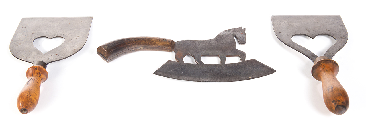 Appraisal: THREE AMERICAN FOOD CHOPPERS Nineteenth century Figural iron blades and