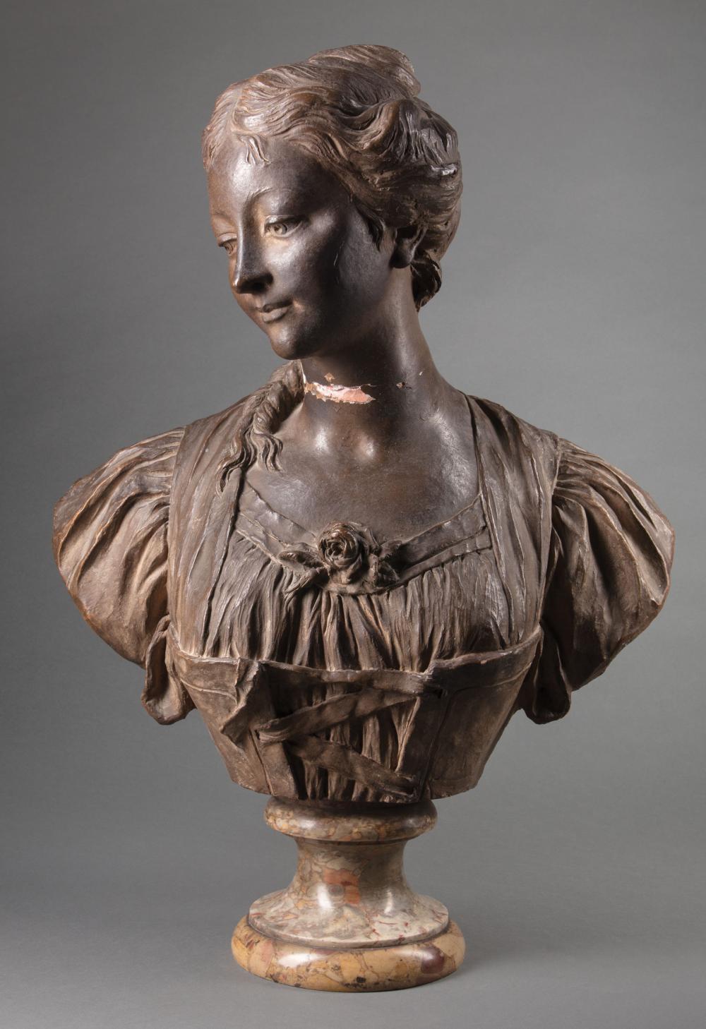 Appraisal: French Patinated Terracotta Bust of a Lady marble socle base