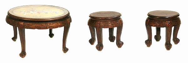 Appraisal: A Chinese carved wood circular low table together with four