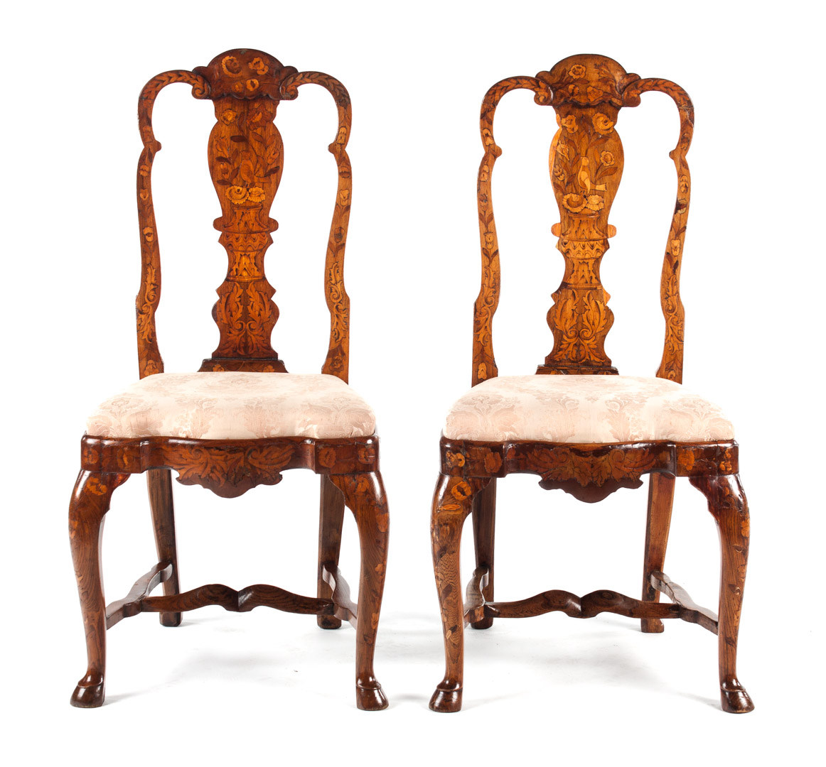 Appraisal: Pair Anglo-Dutch marquetry inlaid elm side chairs th century elaborate