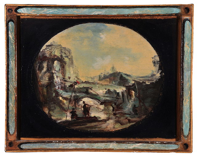 Appraisal: VENETIAN SCHOOLFigures in a river landscape with arched bridge ruins