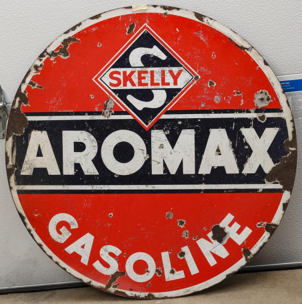 Appraisal: A SKELLY AROMAX DOUBLE SIDED PORCELAIN ENAMEL SIGNThe scarce example