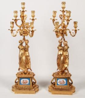 Appraisal: PAIR OF FRENCH DORE BRONZE FIGURAL AND SEVRES MOUNTED LIGHT