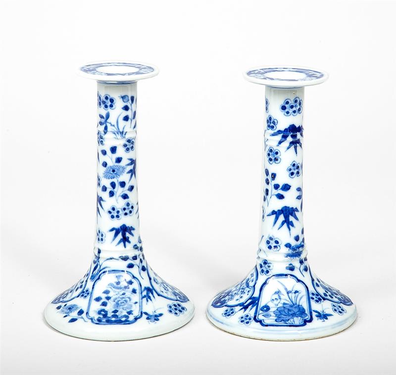 Appraisal: Pair of Chinese Blue and White Porcelain Candlesticks x in