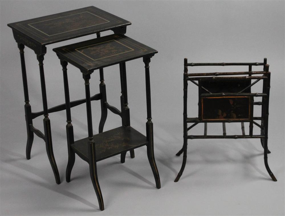 Appraisal: PAIR OF JAPANNED NESTING TABLES AND A BAMBOO CANTERBURY the