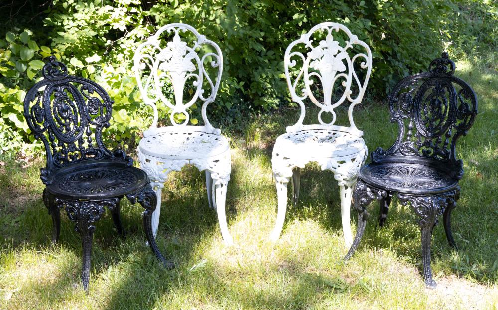 Appraisal: FOUR PAINTED CAST IRON GARDEN CHAIRS TH CENTURY BACK HEIGHTS