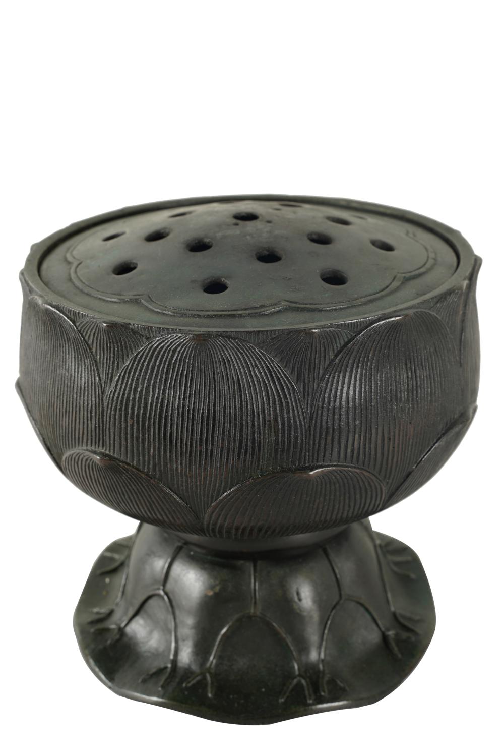 Appraisal: JAPANESE BRONZE LOTUS-FORM TEMPLE CENSERunmarked with removable cover inches diameter