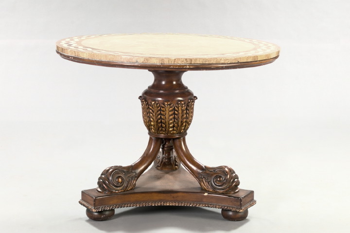 Appraisal: Regency-Style Mahogany Parcel-Gilt and Marble-Top Center Table the inlaid specimen