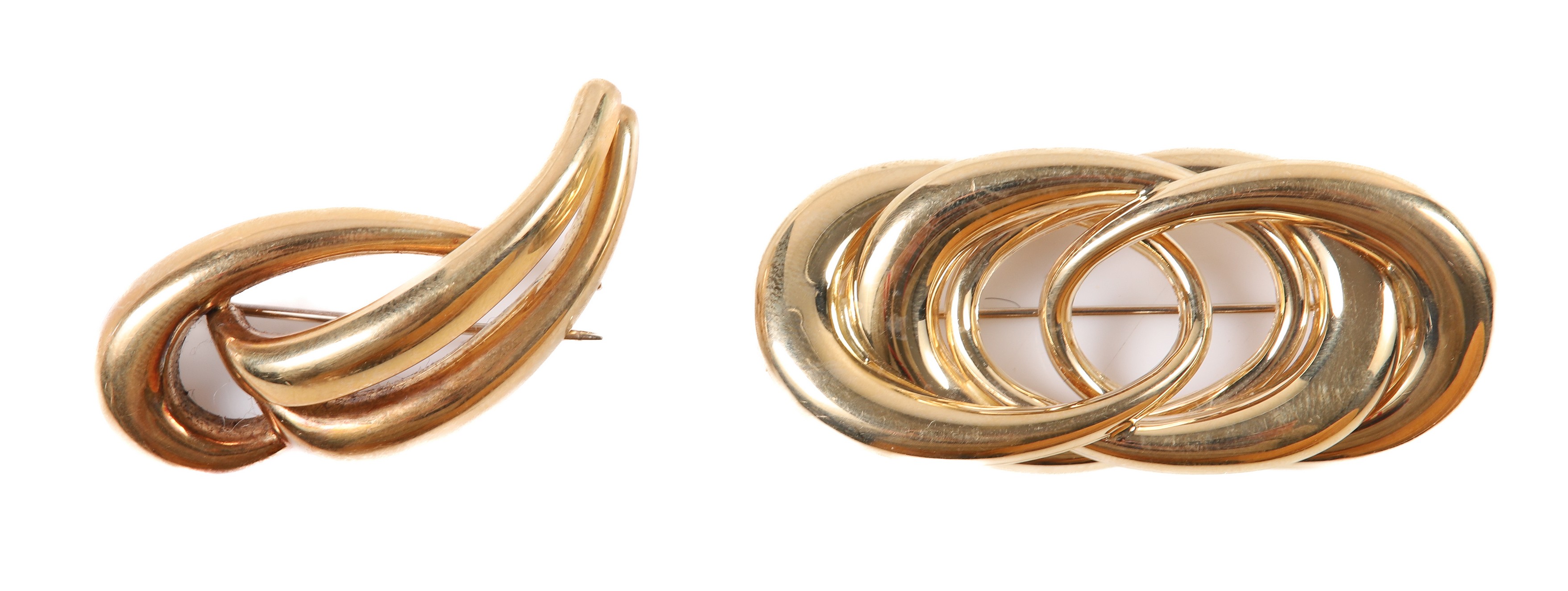 Appraisal: K Gold Italian brooches - L longest interlocking hoops each