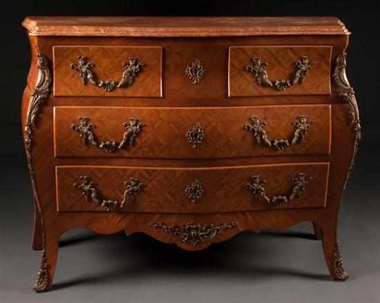 Appraisal: Louis XV style ormolu-mounted parquetry inlaid fruitwood marble-top commode en