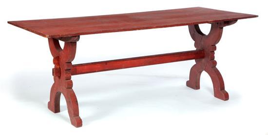 Appraisal: SAWBUCK TRESTLE TABLE American th century pine Three-board top with