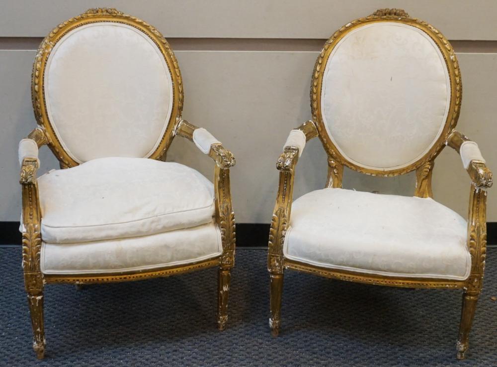 Appraisal: Pair Louis XVI Style Giltwood Fauteuils a la Rene Circa