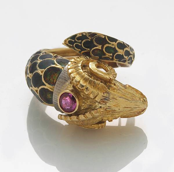 Appraisal: A ruby enamel and k gold ram's head ring size