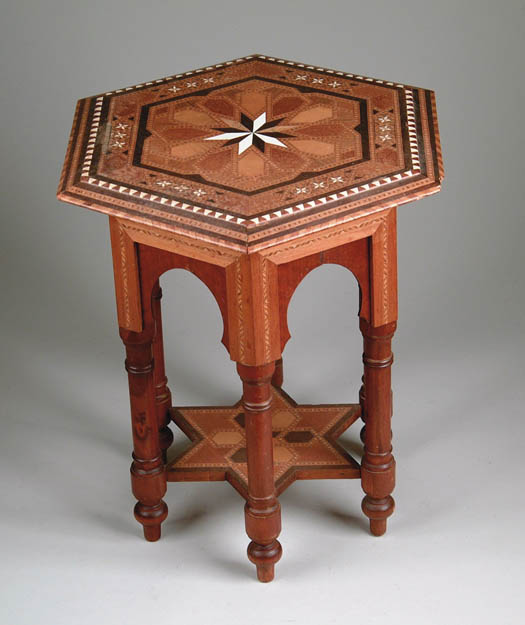 Appraisal: INLAID SIX SIDED TABERET STAND Six turned legs shaped inlaid