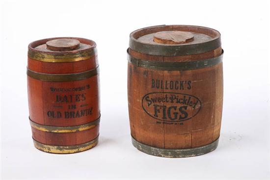 Appraisal: TWO WOODEN ADVERTISING KEGS Stave constructed Bullocks Sweet Pickled Figs