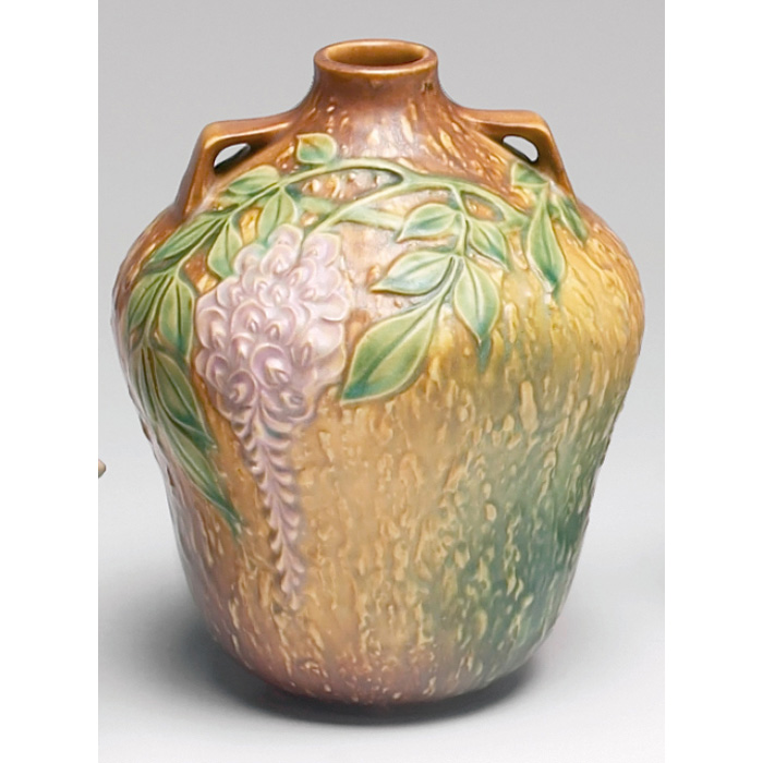 Appraisal: Excellent Roseville Wisteria vase double handled bulbous shape in brown