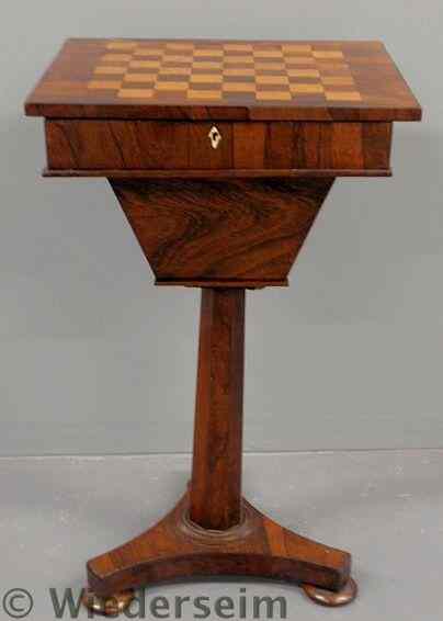 Appraisal: Rosewood sewing table c with a checkerboard top h top