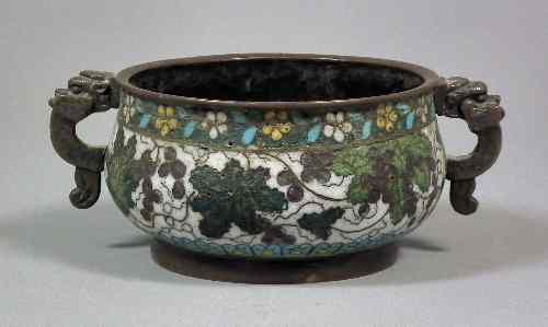 Appraisal: A Chinese bronze and cloisonne enamel two-handled censer the body