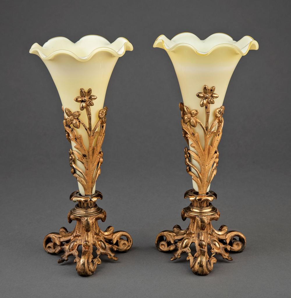 Appraisal: Pair of French Gilt Bronze and Glass Trumpet Vases mid-