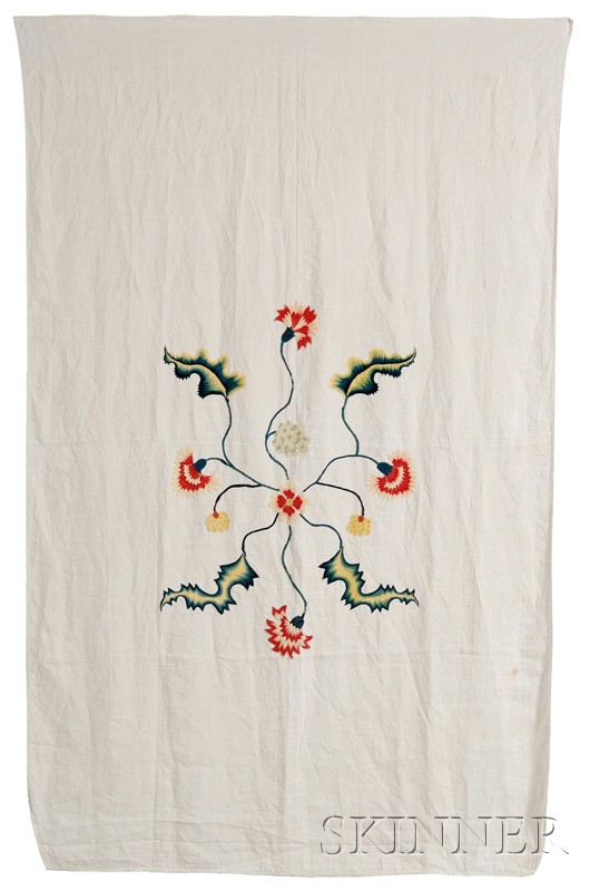 Appraisal: Crewel Embroidered Linen Bedspread America central design with radiating flowers