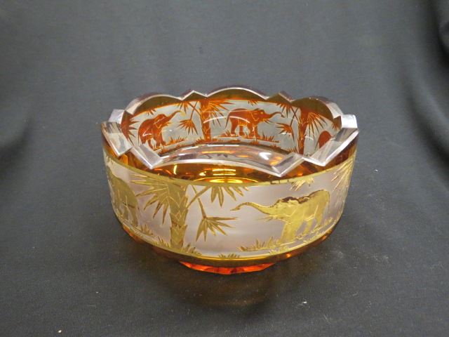 Appraisal: Moser Art Glass Bowl topaz cut-to-clear gold elephant tree decor