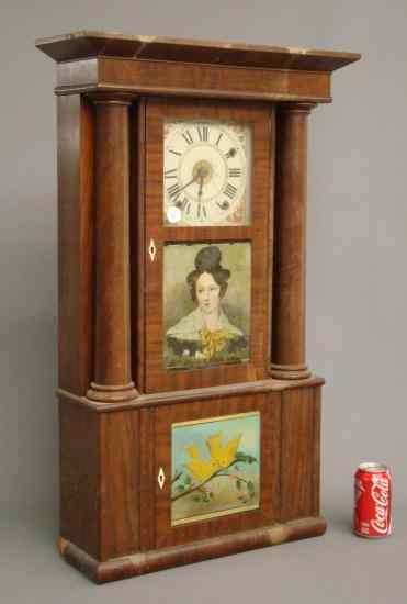 Appraisal: th c mahogany Empire clock having reverse painted tablets Interior