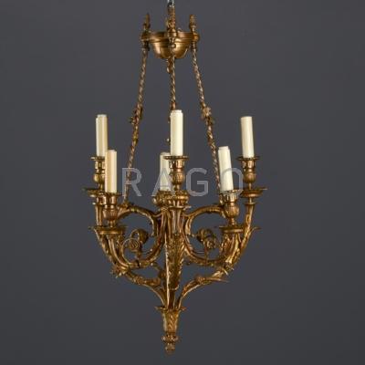 Appraisal: TRADITIONAL LIGHTING Brass six-arm chandelier pendant oil lamp with orange