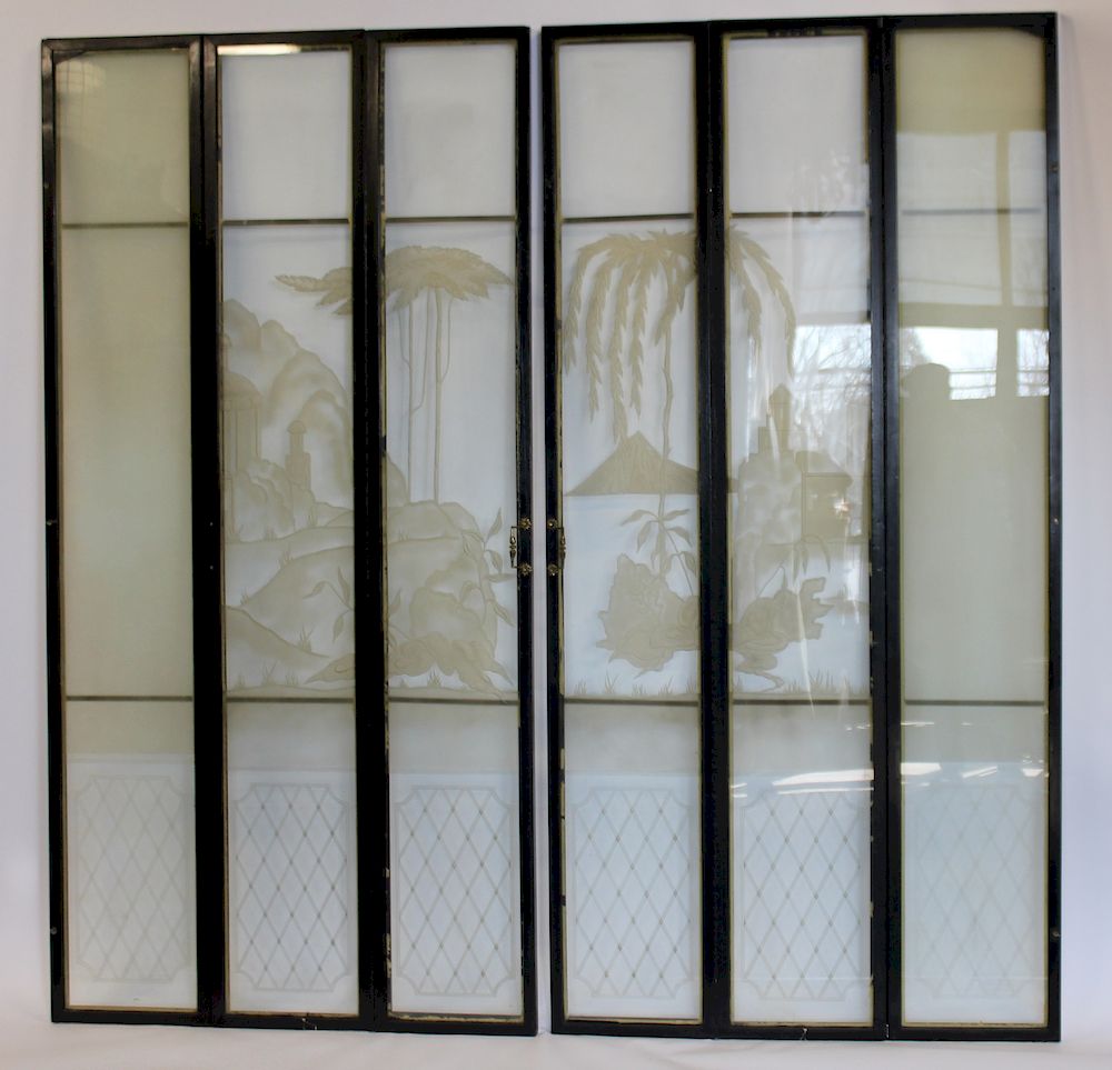 Appraisal: Framed Art Deco Etched Glass Panels With Doors From a