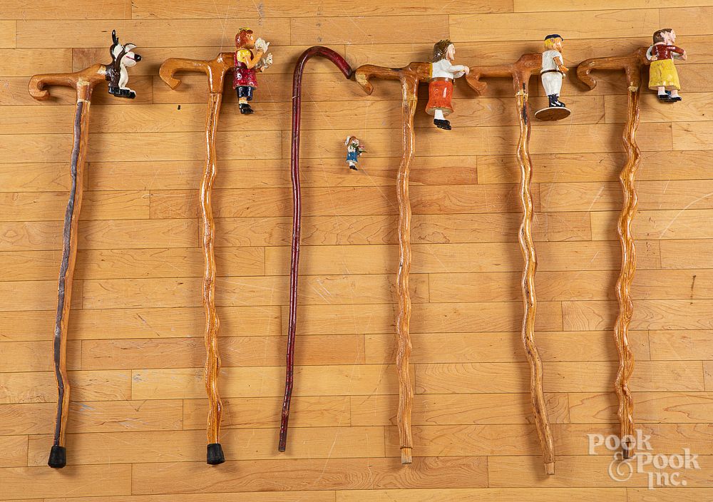 Appraisal: Five folk art carved canes signed Lichtenwalner Five folk art