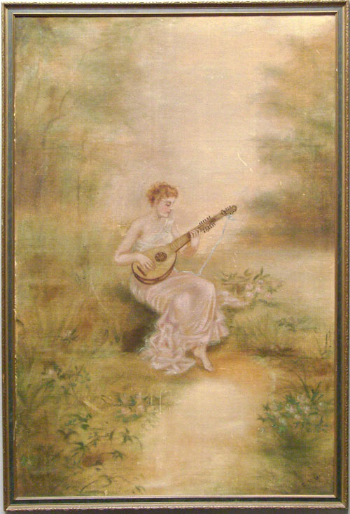 Appraisal: Oil on board portrait of a woman playing music x