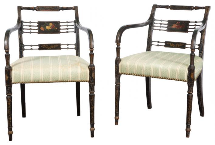 Appraisal: Pair of Regency Painted Armchairs Each pierced back rail with